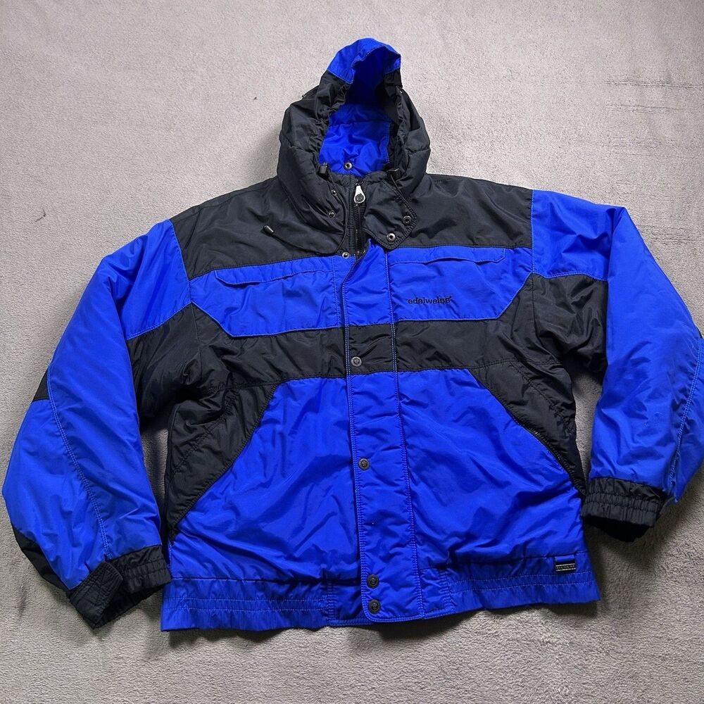 Vintage Edelweiss Jacket Mens M Blue Black Skiwear Hooded Colorblock Gorpcore